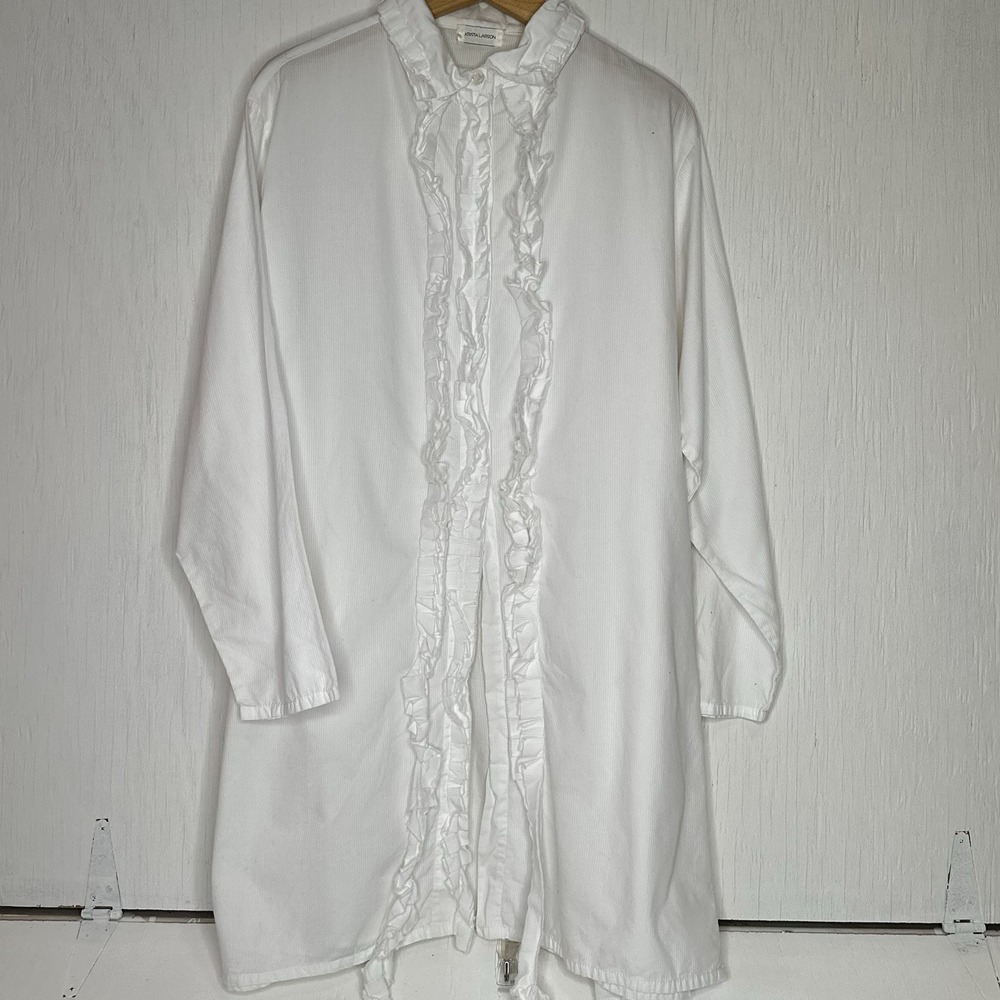 Krista Larson White Cotton Shirt Dress Lagenlook One Size Ruffle Front